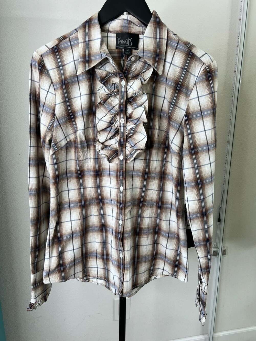 Yanuk Victoria Ruffle Plaid Button-Down Shirt